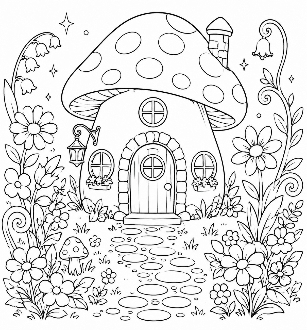 Casa cogumelo no jardim encantado para colorir