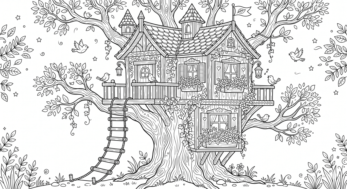 Casa na árvore no jardim encantado para colorir