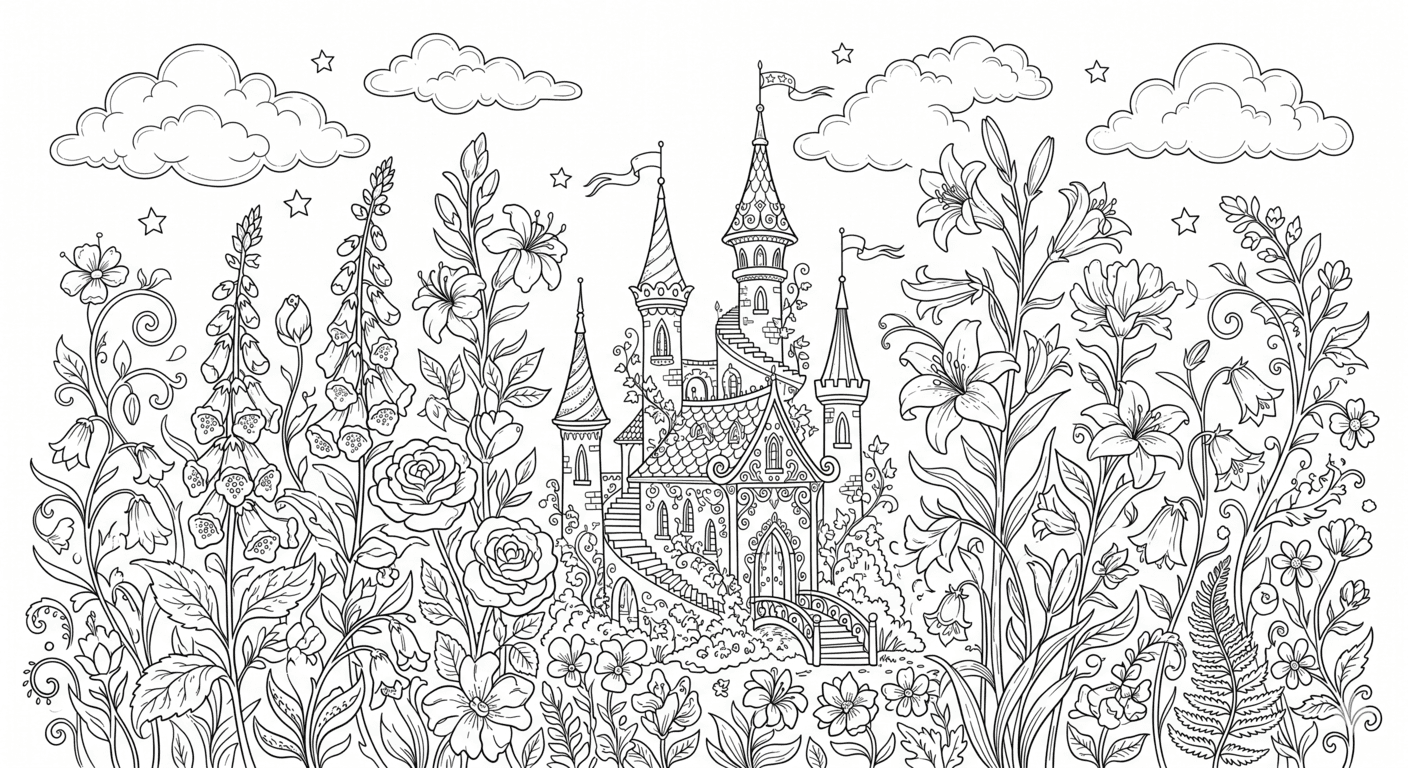 Castelo no jardim encantado para colorir