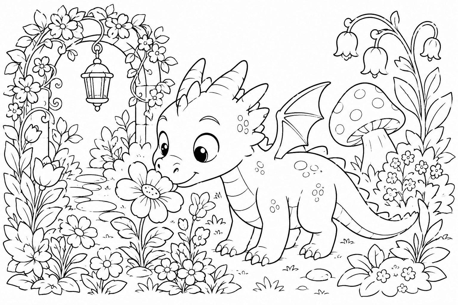 Dragão filhote no jardim encantado para colorir
