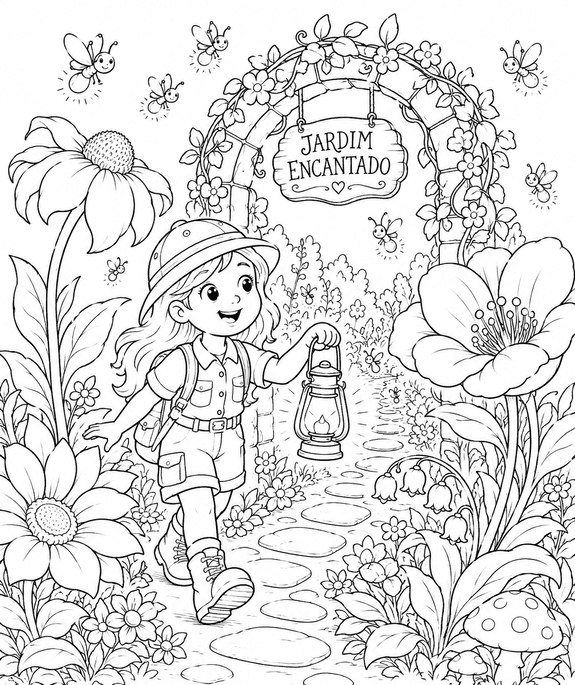 Exploradora no jardim encantado para colorir