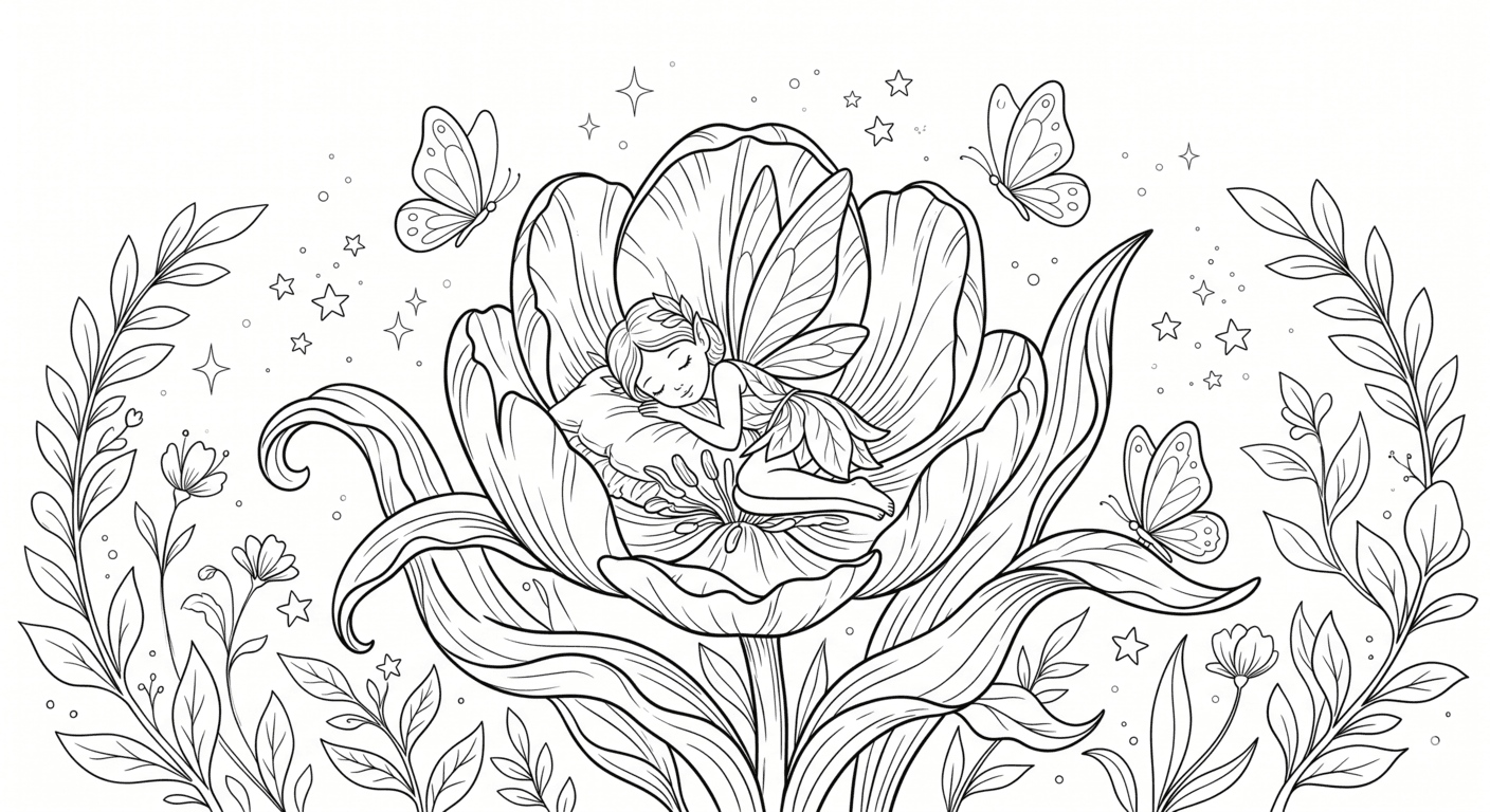 Fada dormindo na flor para colorir