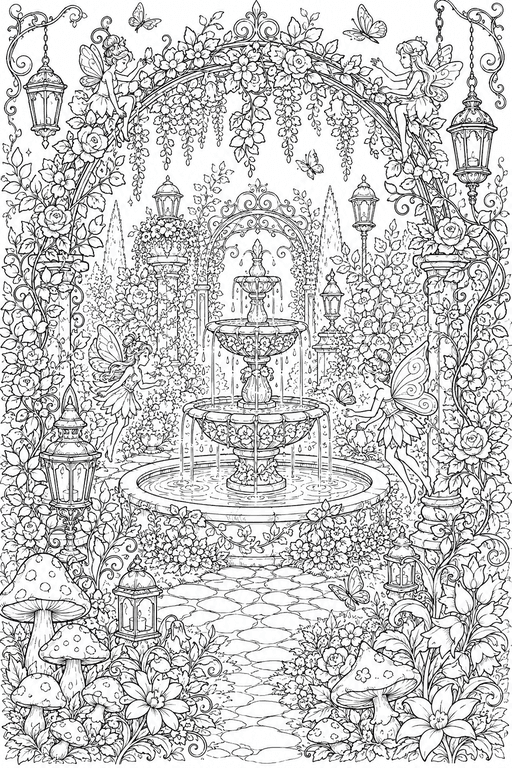 Fonte de água no jardim encantado para colorir