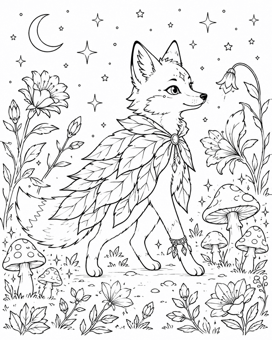 Lobo mágico no jardim encantado para colorir