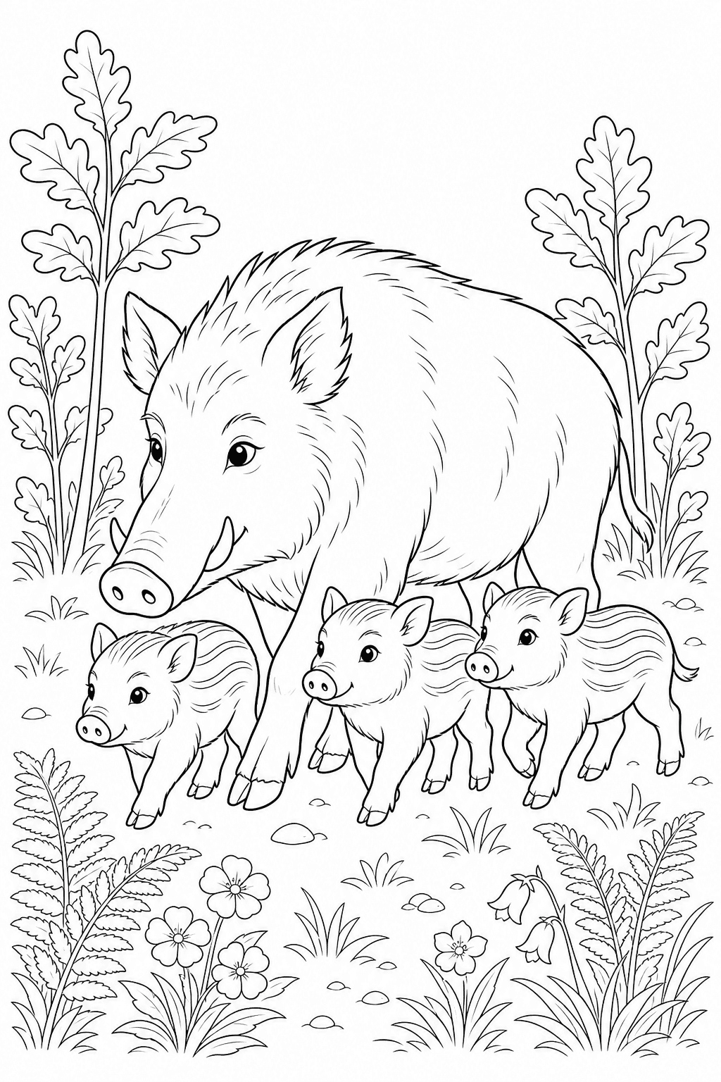 Família de javalis com três filhotes para colorir