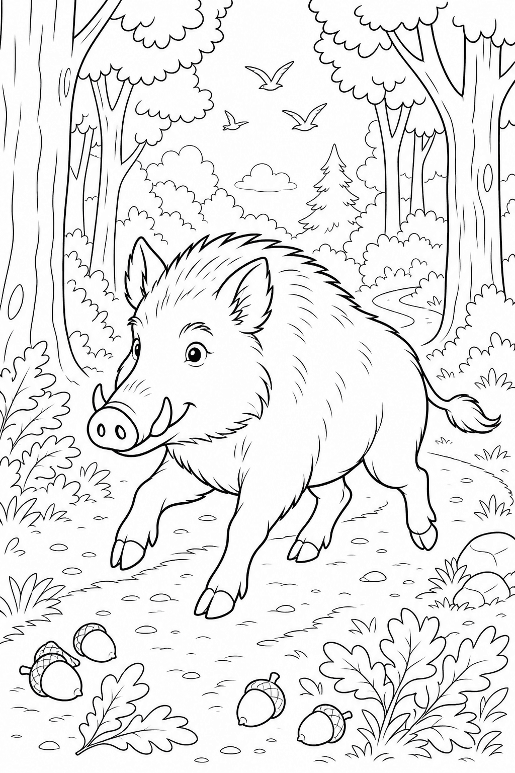 Javali correndo por uma trilha na floresta para colorir