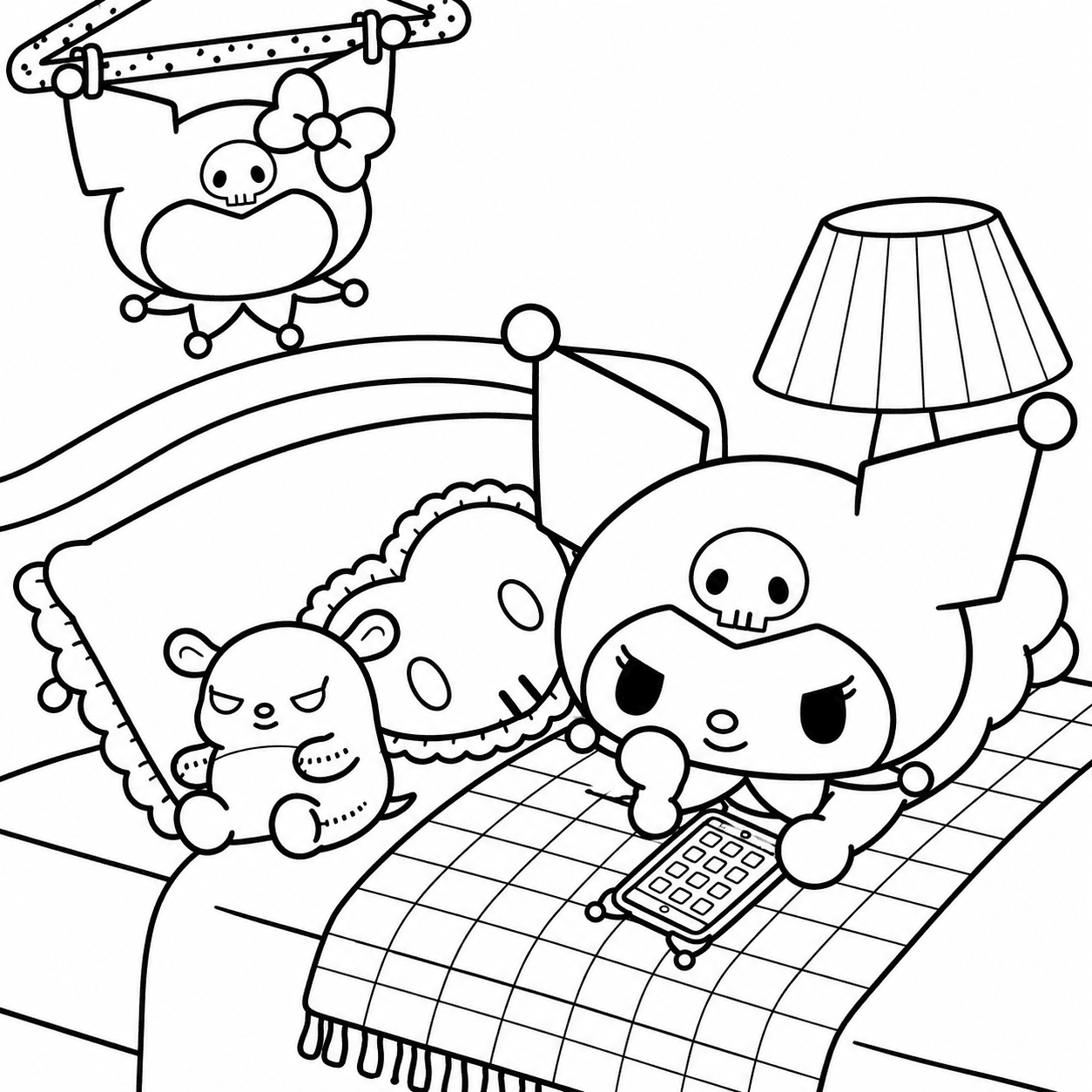 Kuromi com celular no quarto para colorir