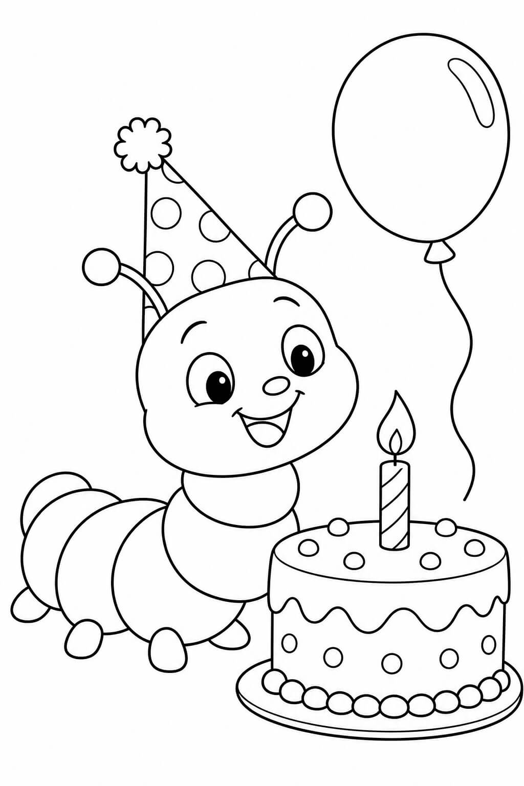 Lagarta com bolo de aniversário para colorir