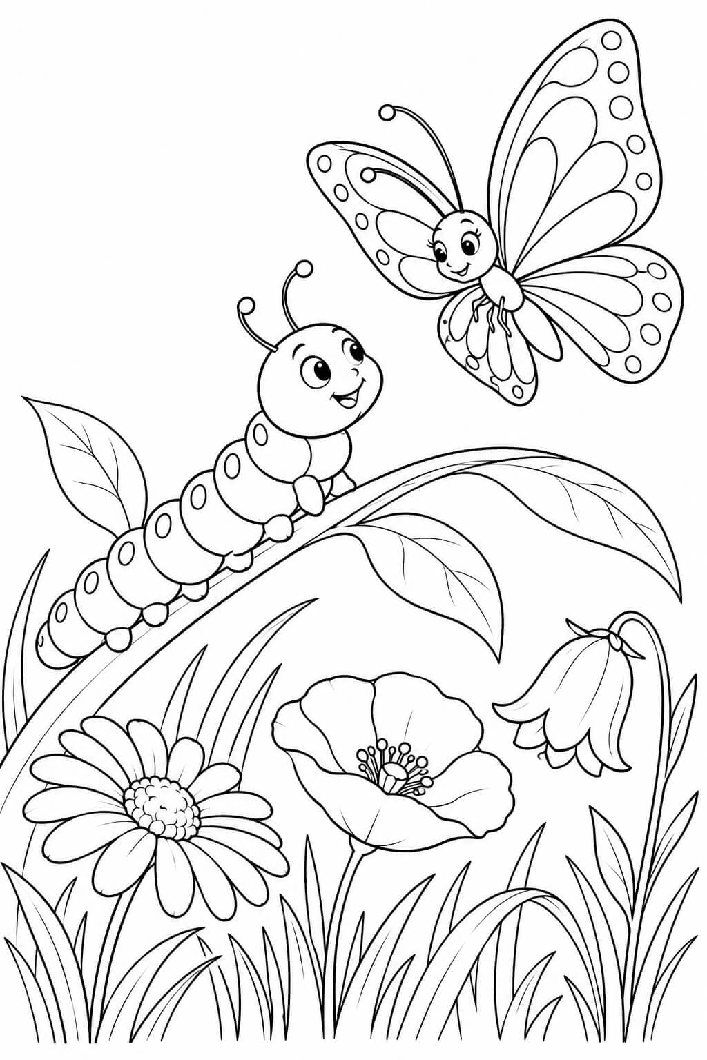 Lagarta e borboleta no jardim para colorir
