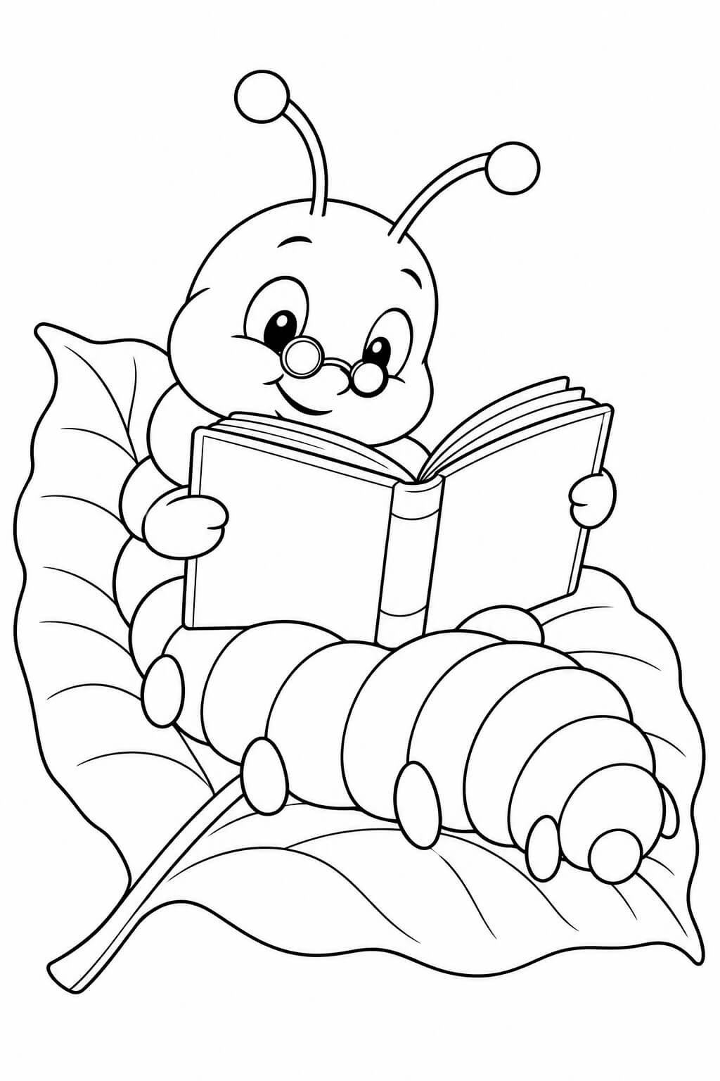 Lagarta lendo um livro para colorir