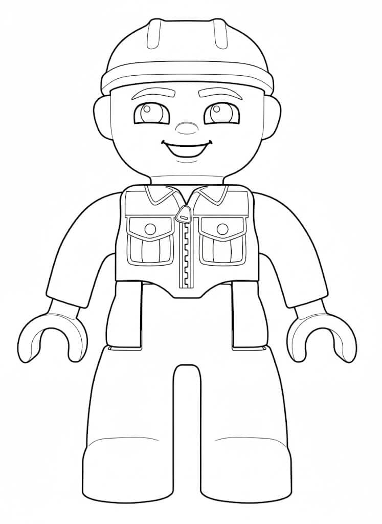 Boneco Lego com camisa azul e capacete laranja para colorir