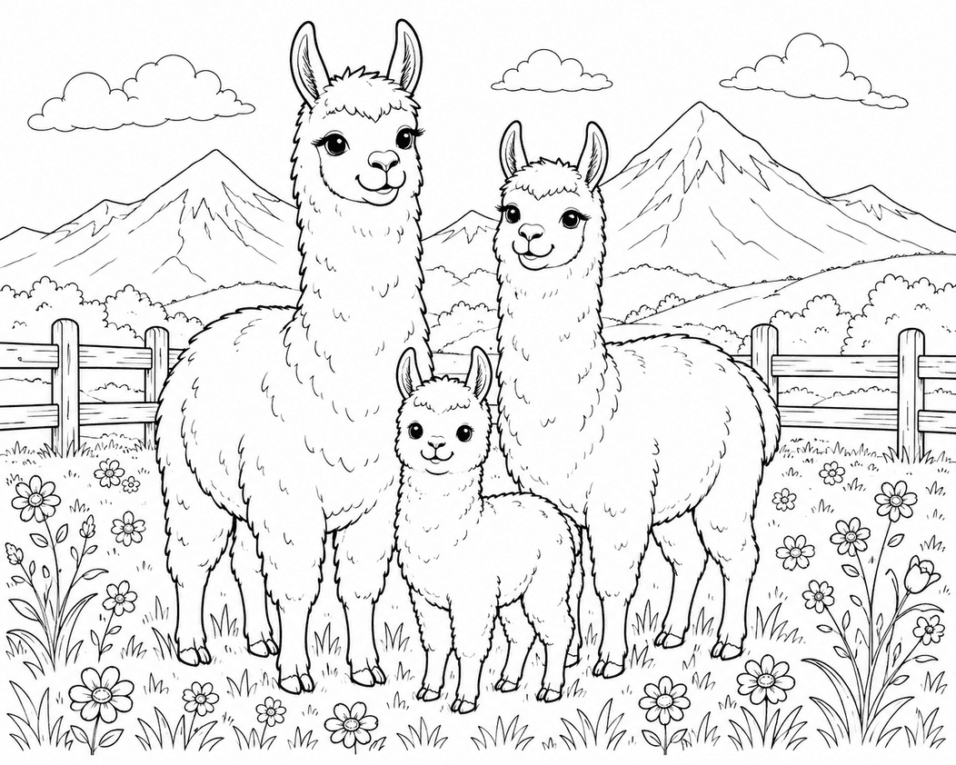 Família de lhamas para colorir
