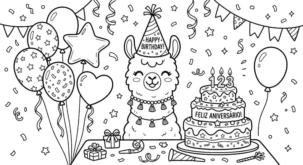 Lhama de aniversário para colorir