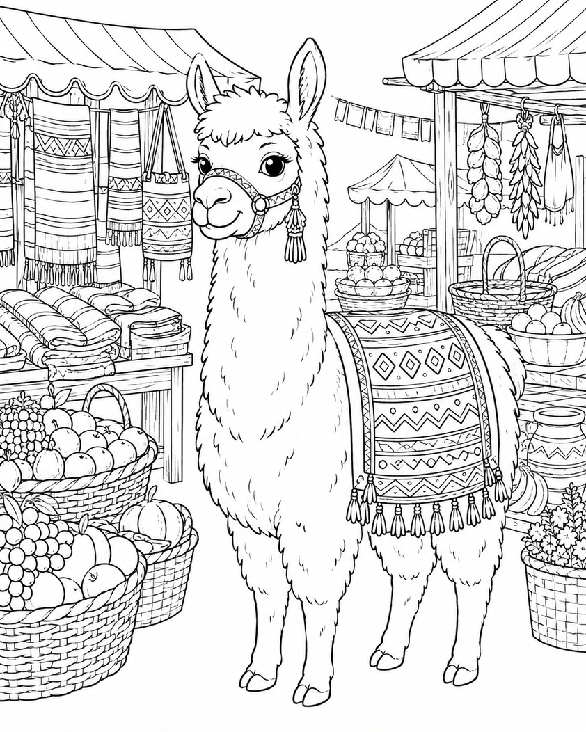 Lhama no mercado para colorir