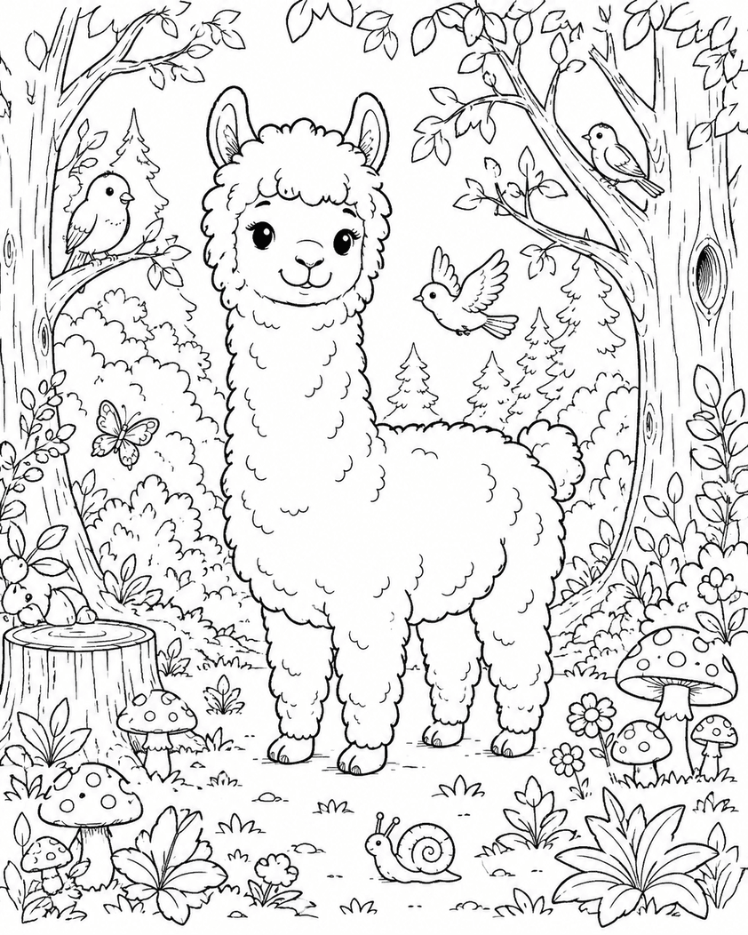 Lhama na floresta para colorir