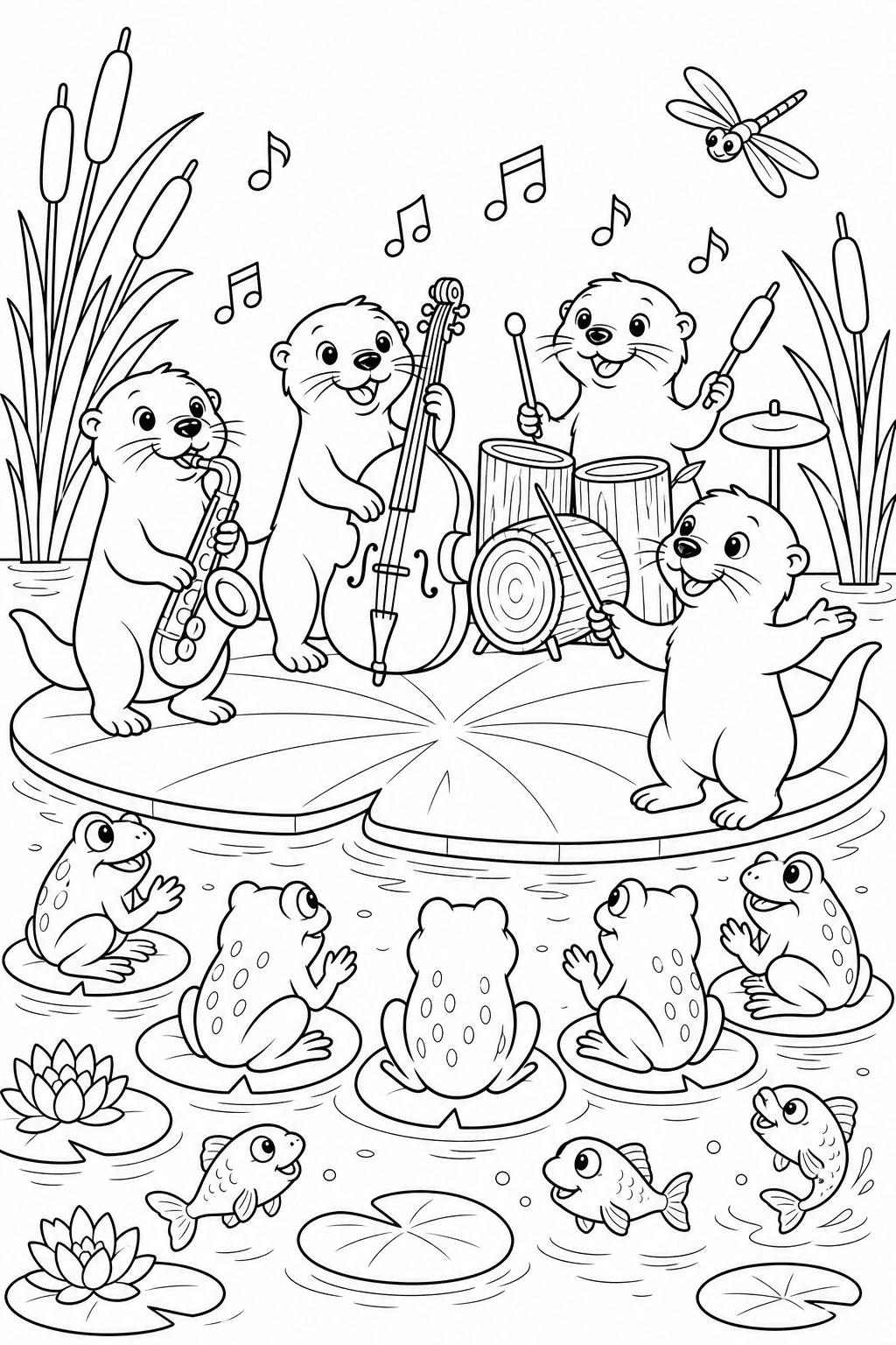 Banda de jazz de lontras no rio para colorir