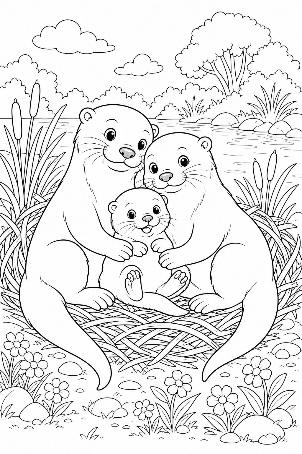 Família de lontras com filhote para colorir