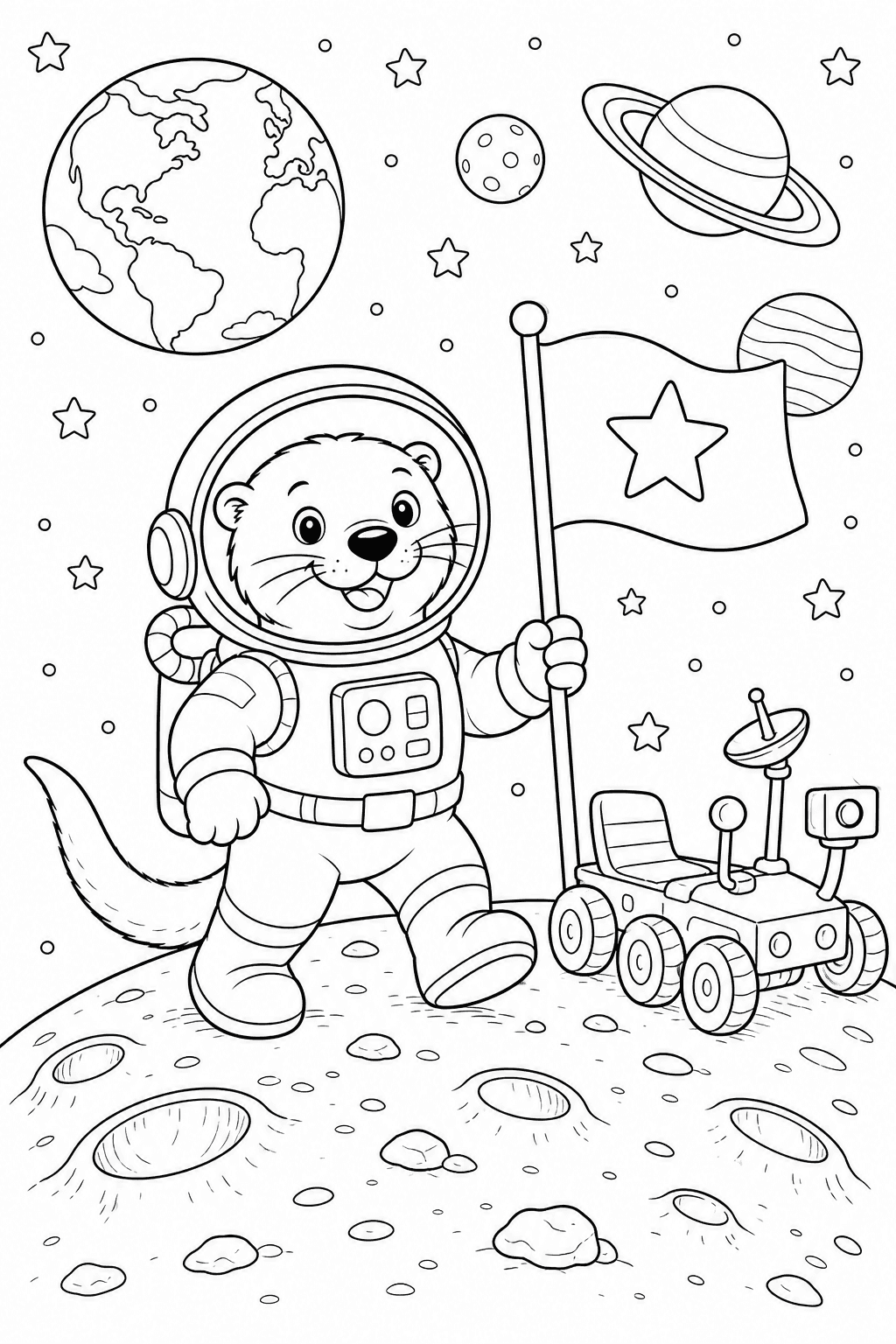 Lontra astronauta explorando a Lua para colorir