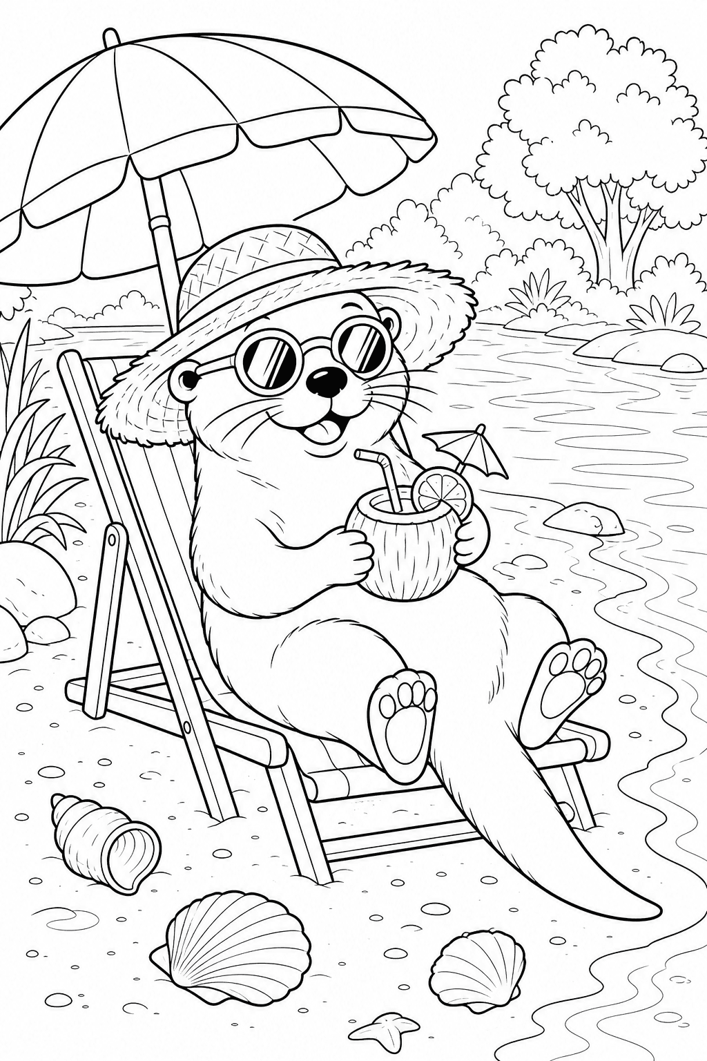 Lontra com óculos de sol na praia para colorir