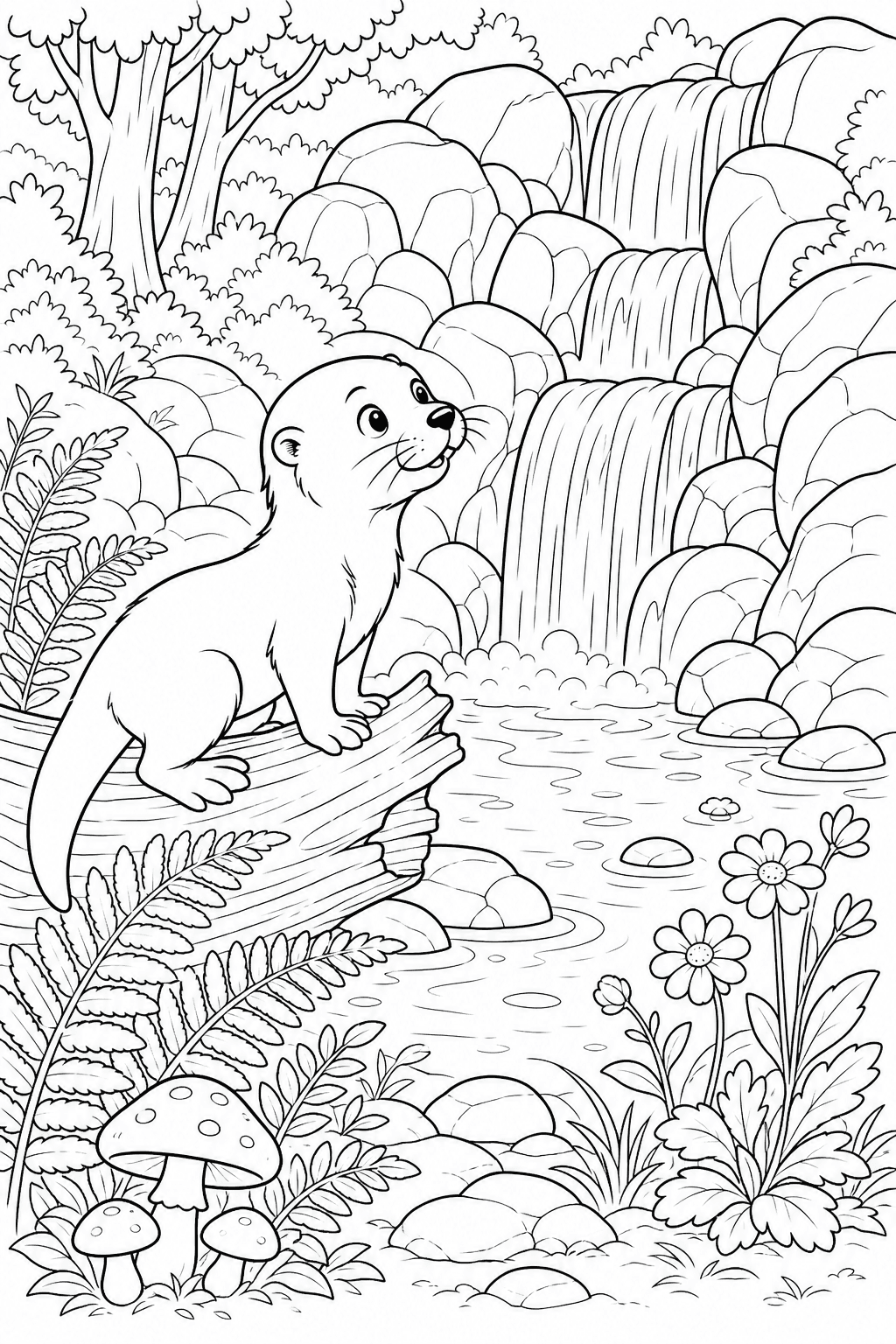 Lontra explorando cachoeira na floresta para colorir
