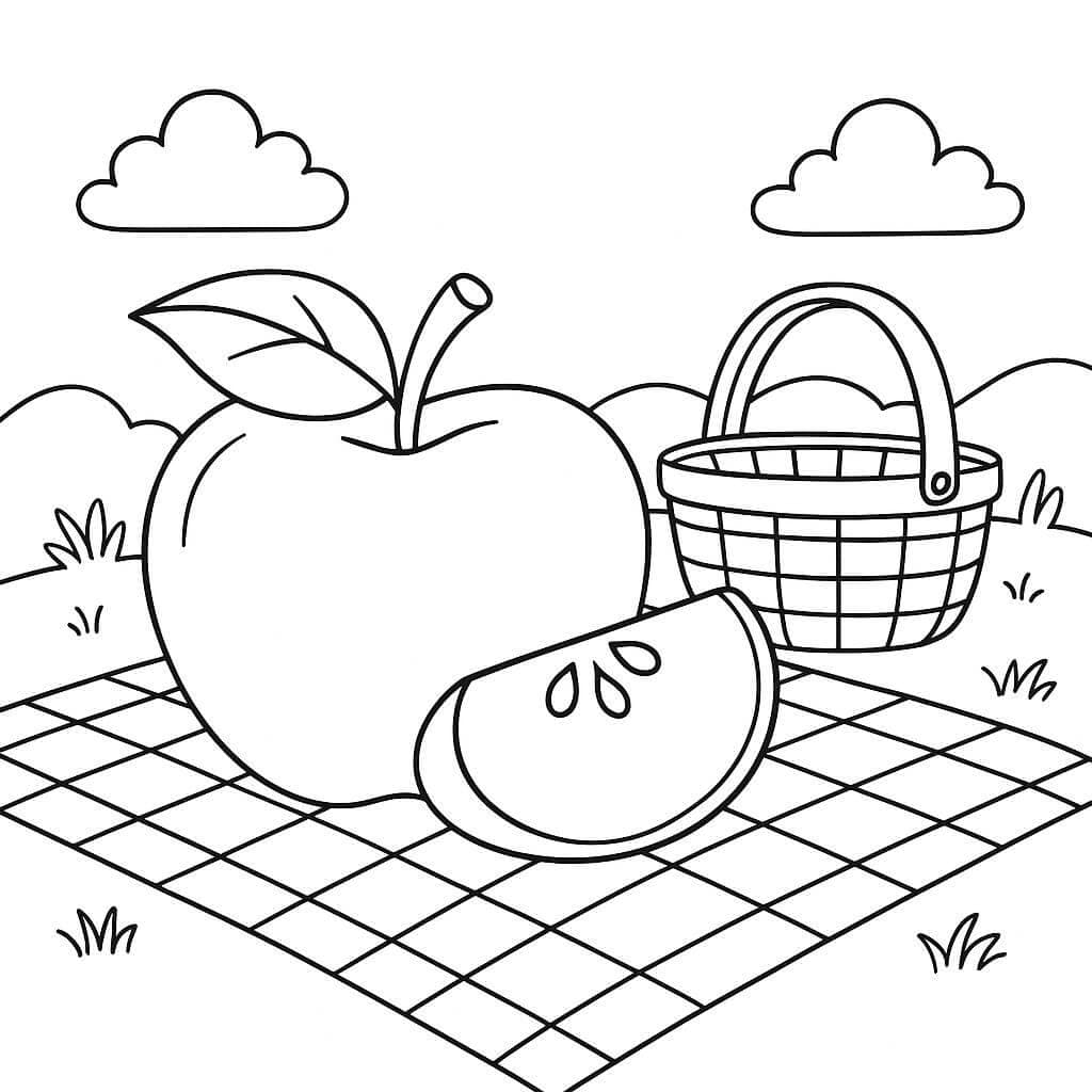 Maçã em piquenique para colorir