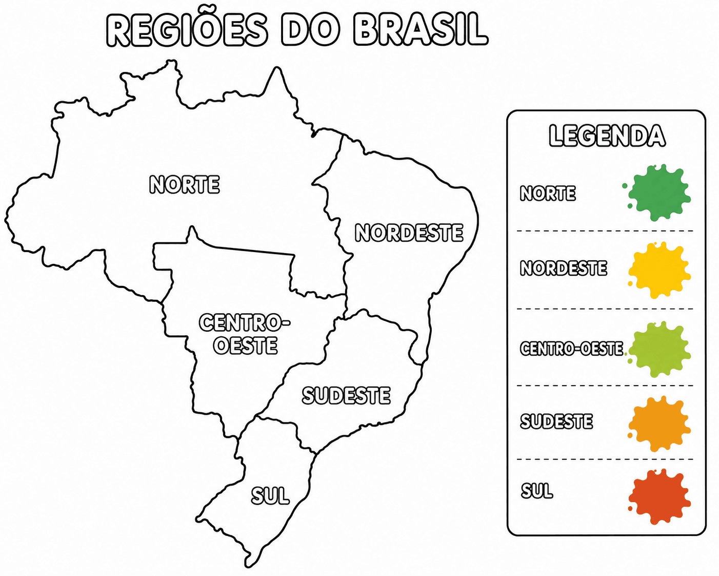 Mapa das regiões do Brasil com legenda para colorir