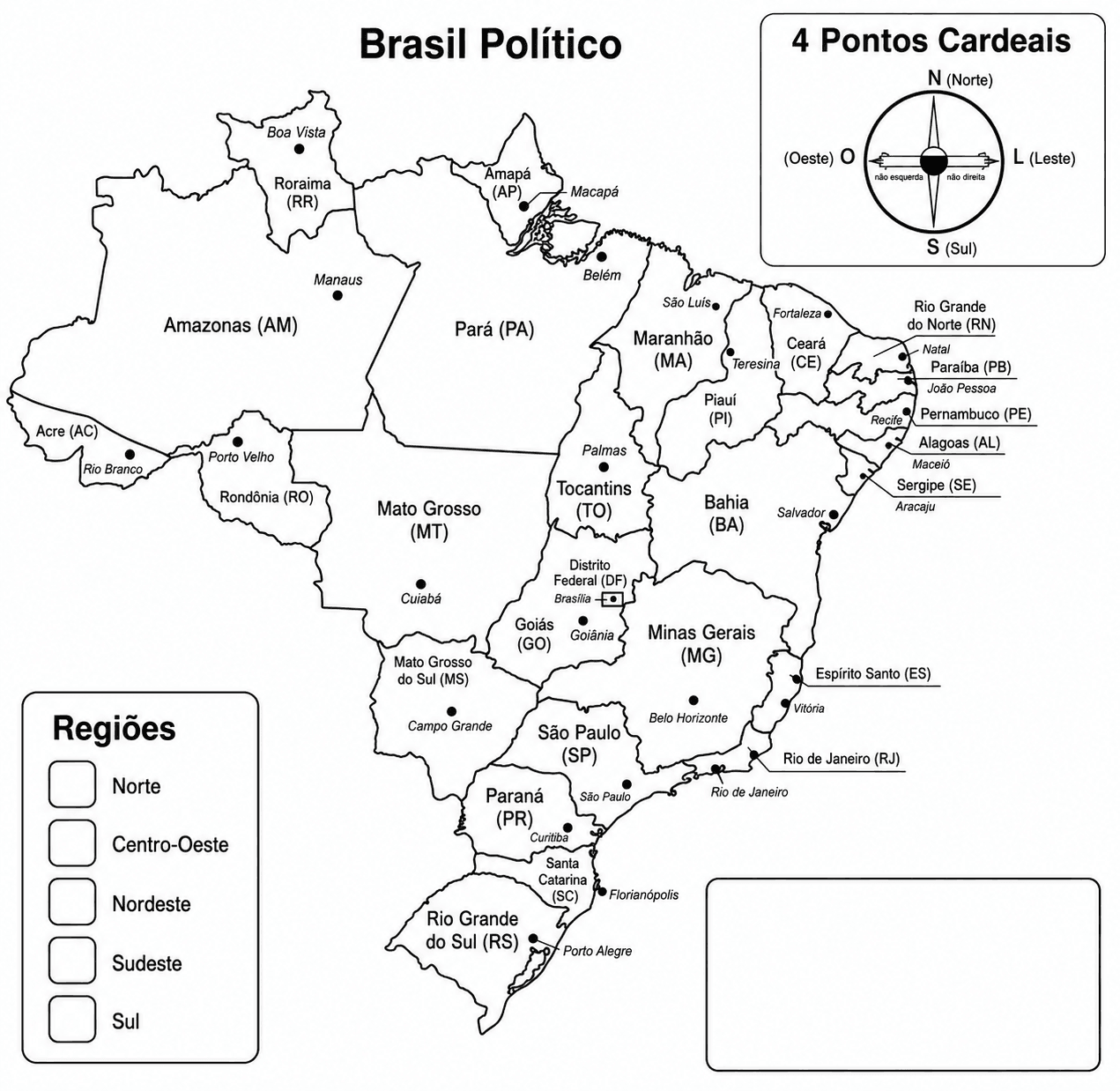 Mapa das regiões com legenda para colorir