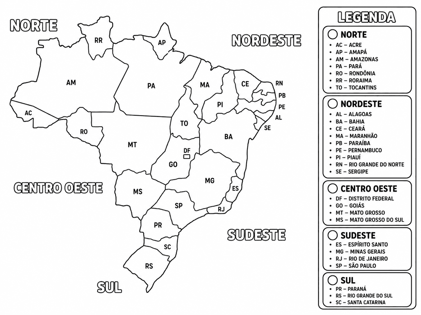 Mapa do Brasil com regiões e legenda para colorir