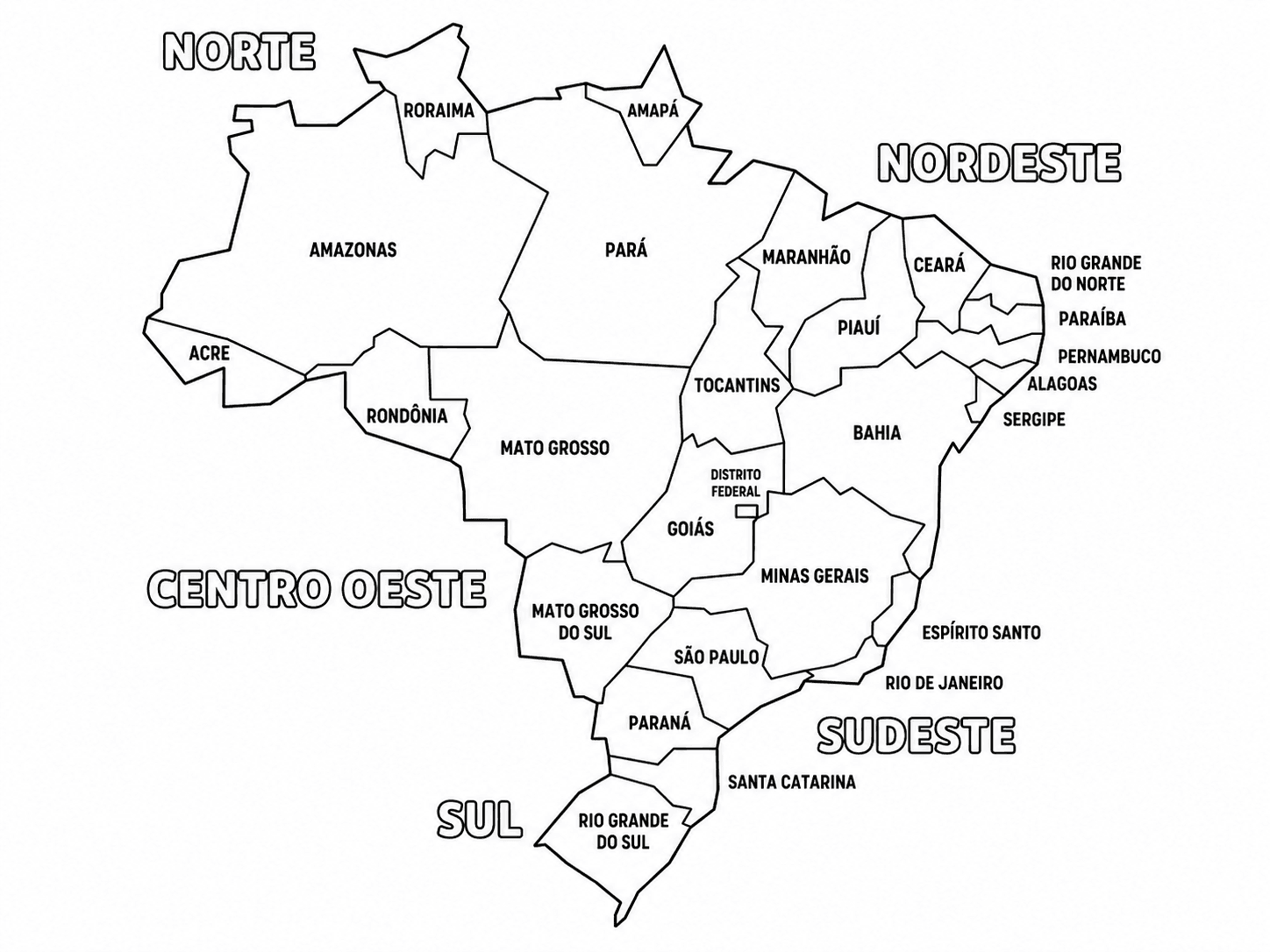 Mapa do Brasil com regiões descritas para colorir