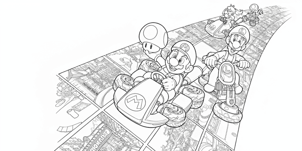 Corrida de Mario Kart com amigos para colorir