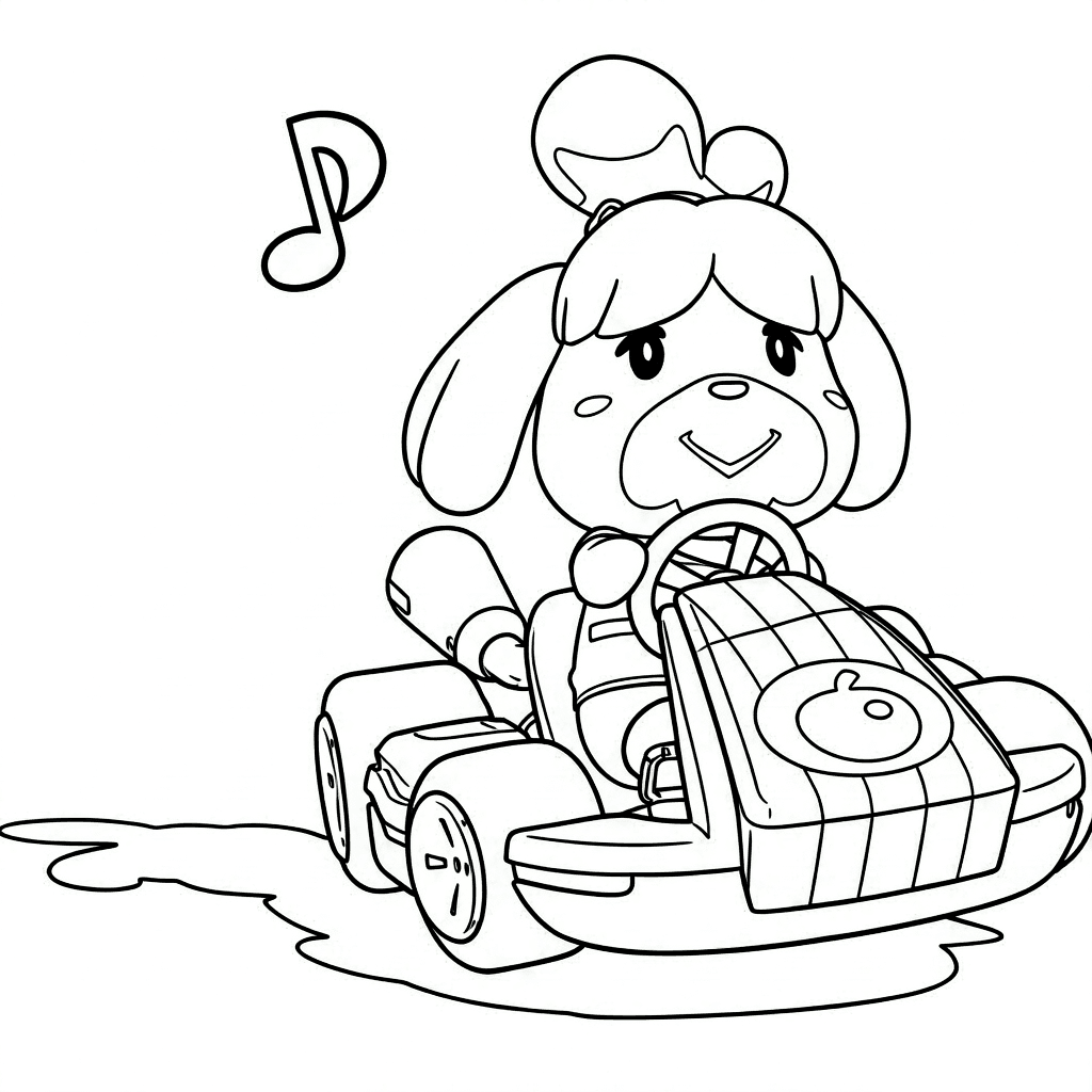 Isabelle no kart verde para colorir