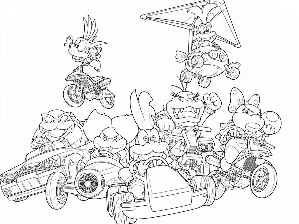 Koopalings nos veículos de corrida para colorir