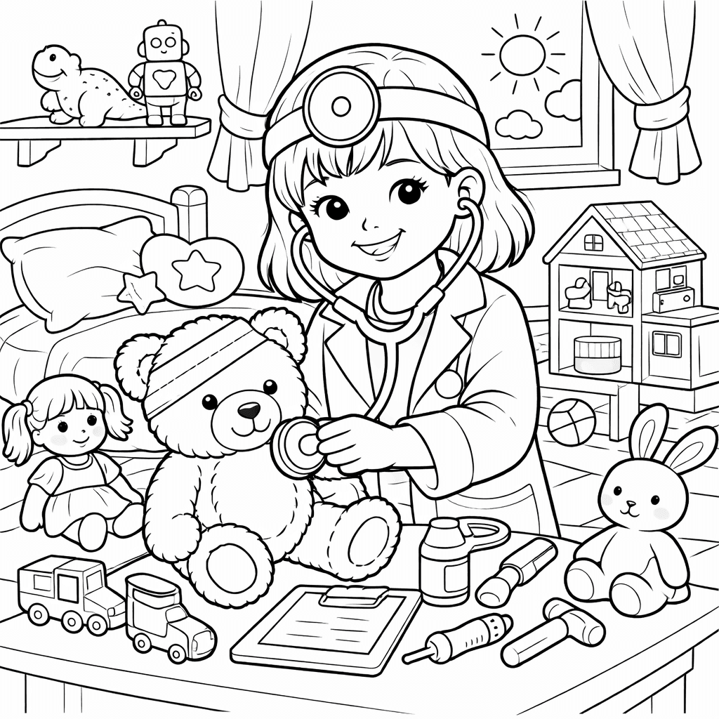 Médica criança cuidando de ursos para colorir