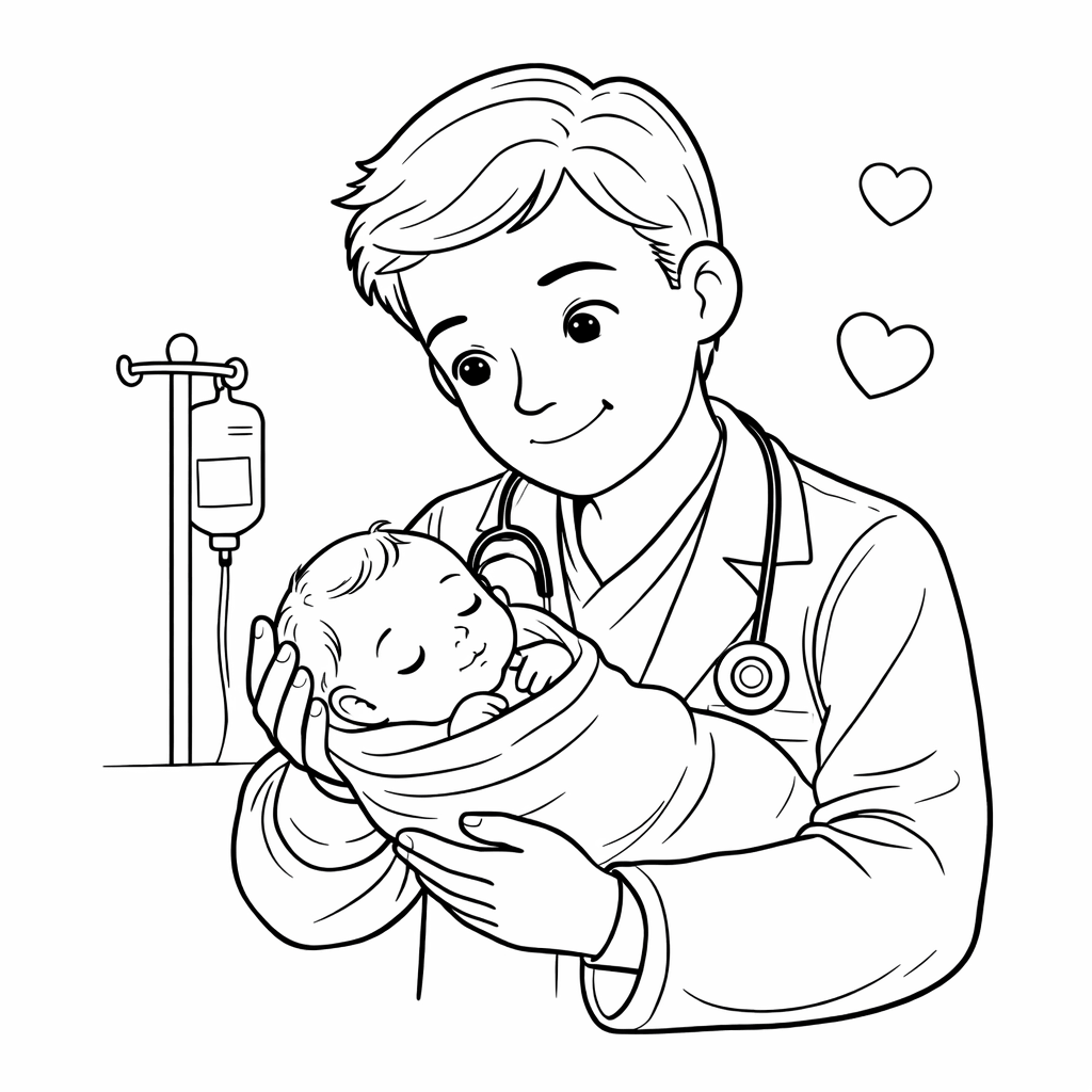 Médico cuidando de bebê para colorir
