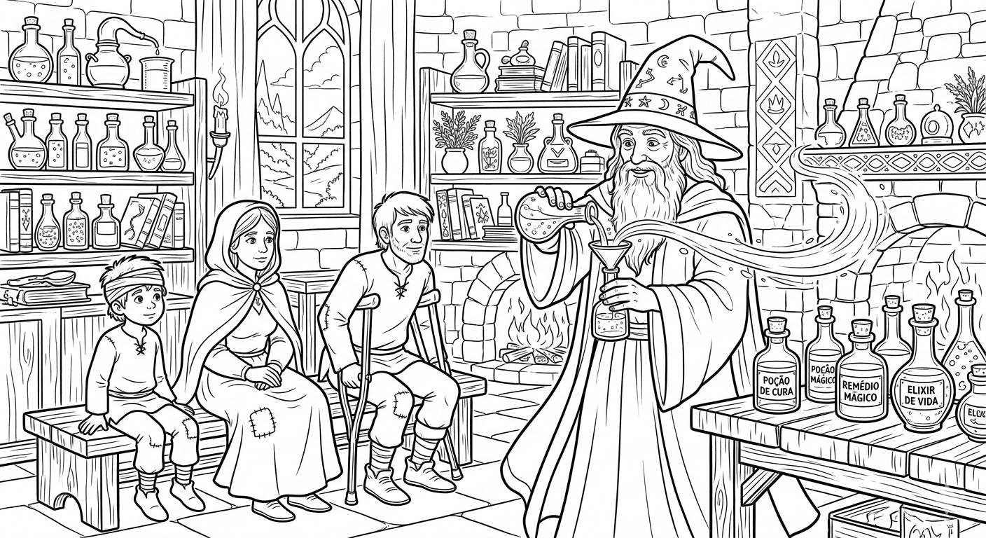Médico mágico usando poções para colorir