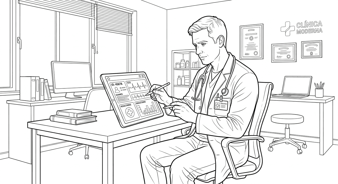 Médico com tablet para colorir