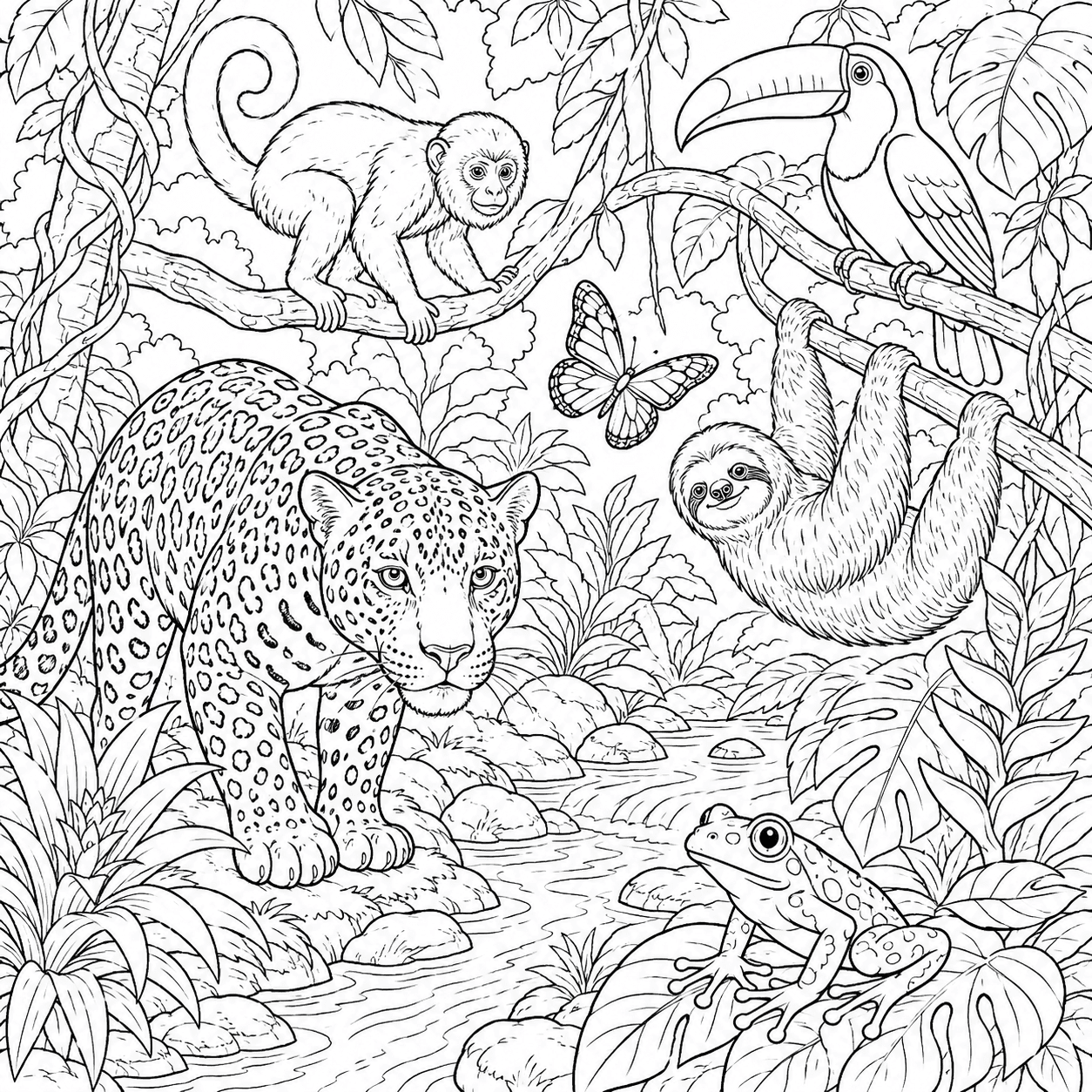 Biodiversidade com animais da floresta para colorir