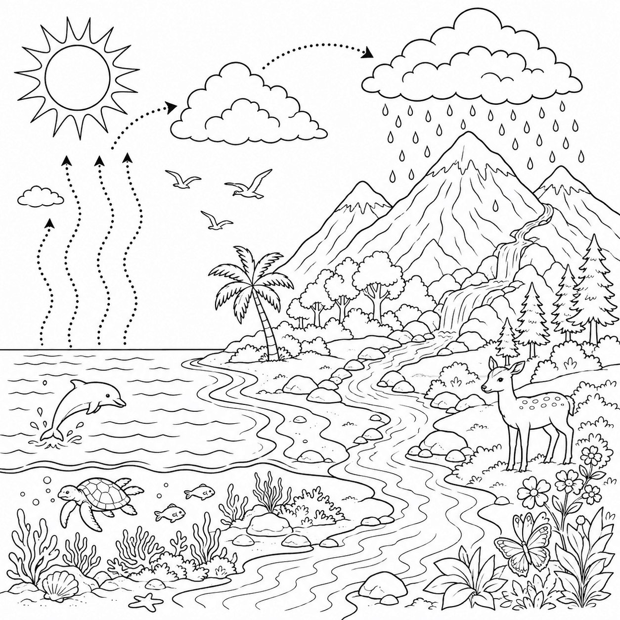 Ciclo natural da água em uma paisagem para colorir