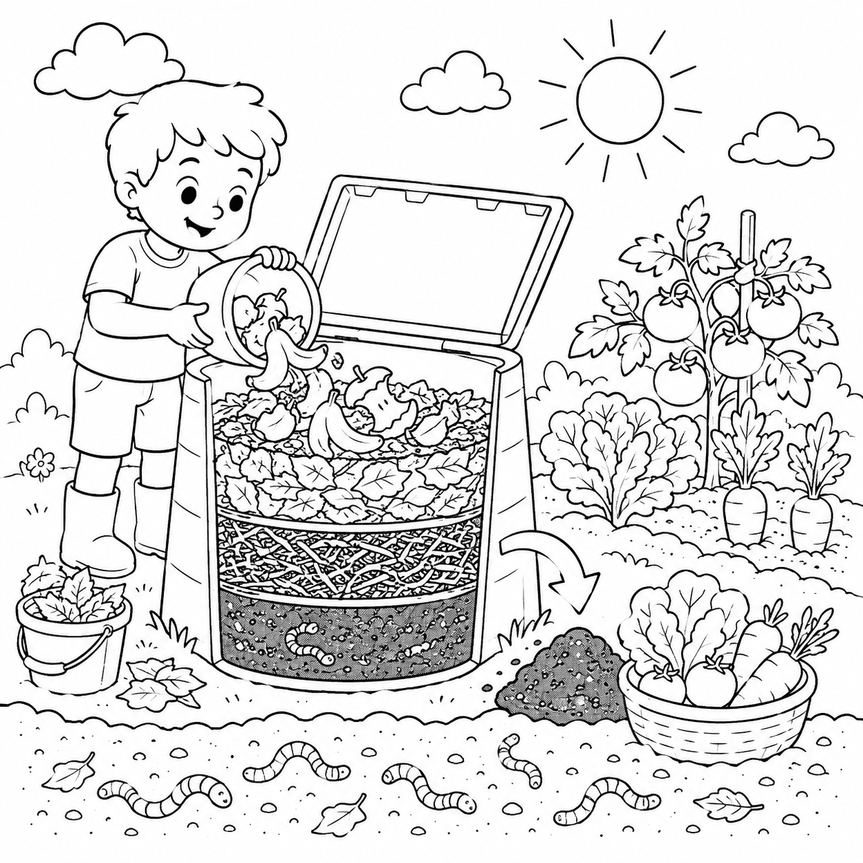 Criança aprendendo a fazer compostagem para colorir