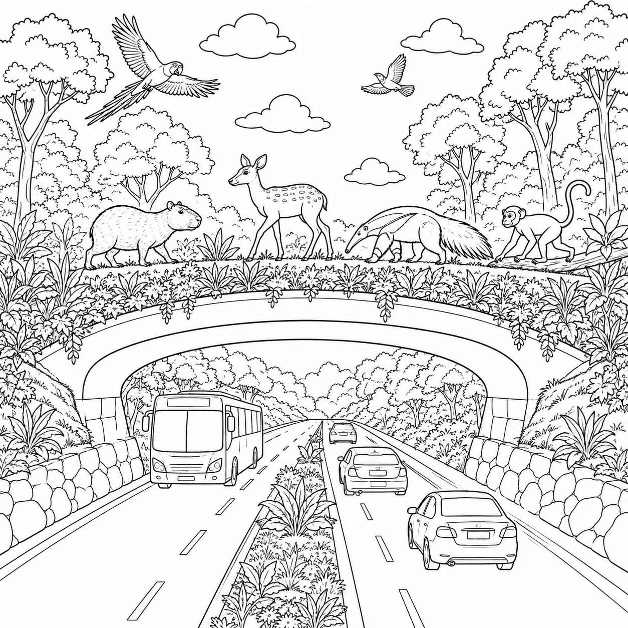 Animais atravessando um corredor ecológico para colorir