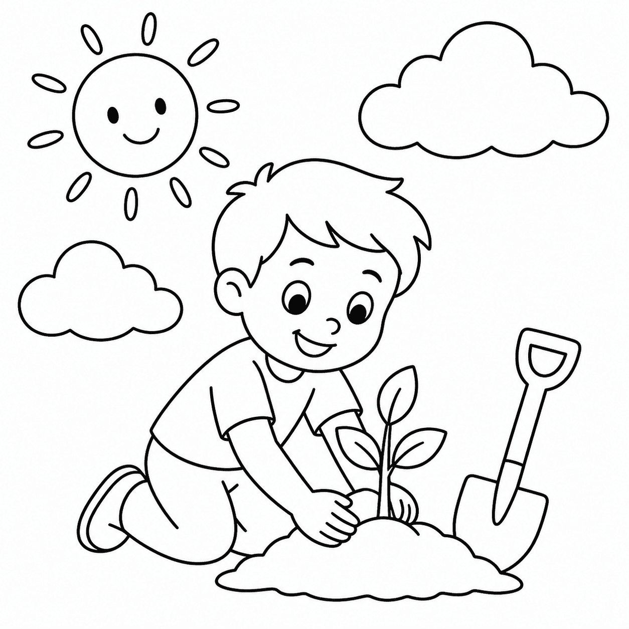 Criança plantando uma muda em desenho simples para colorir