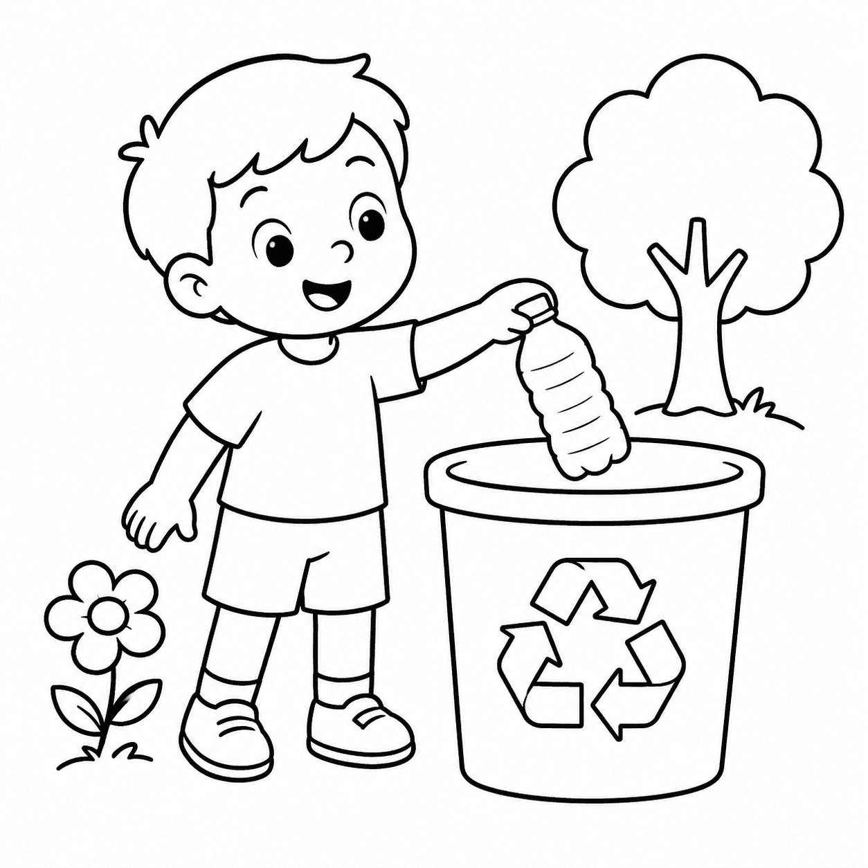 Criança colocando garrafa na reciclagem em desenho simples para colorir