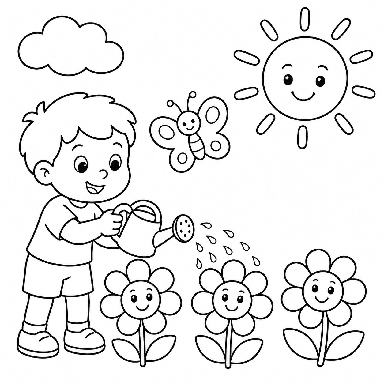 Criança regando flores em desenho simples para colorir