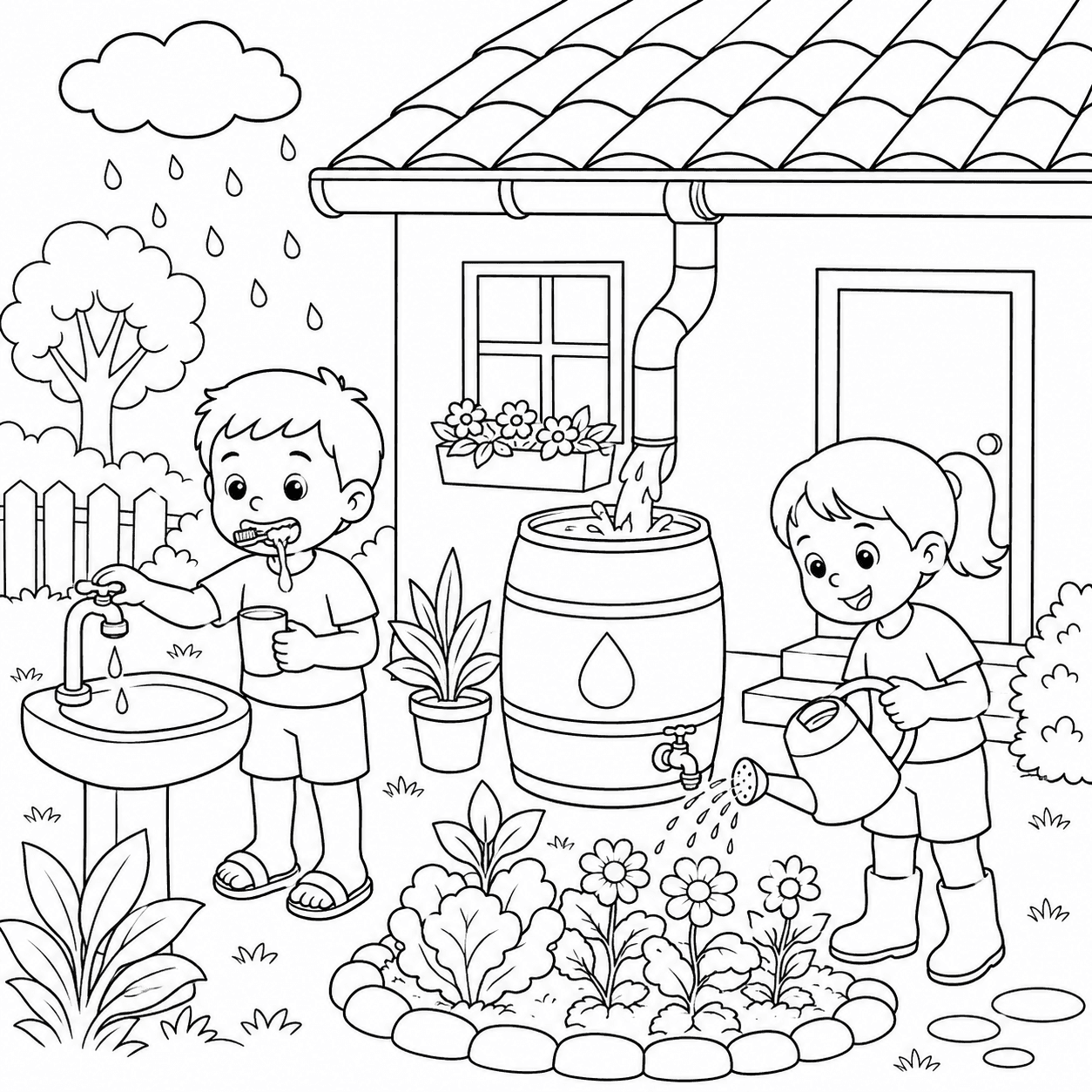 Crianças economizando e reaproveitando água para colorir