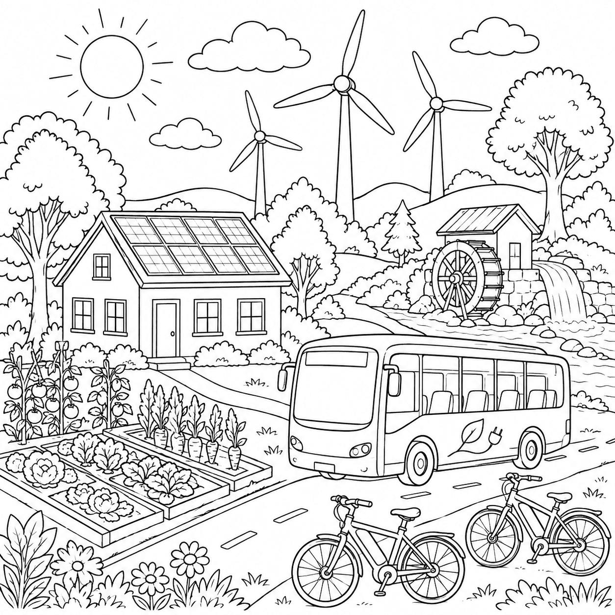 Paisagem com fontes de energia renovável para colorir