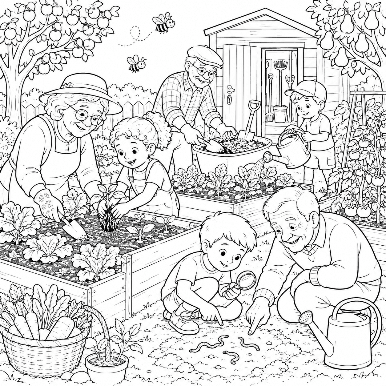 Família cuidando de uma horta comunitária para colorir