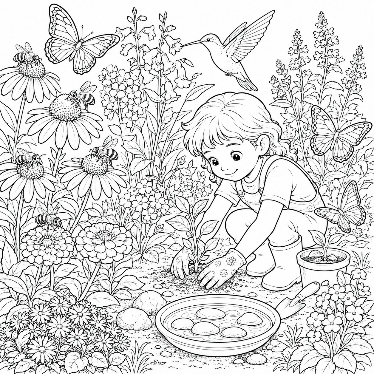 Criança e animais polinizadores no jardim para colorir