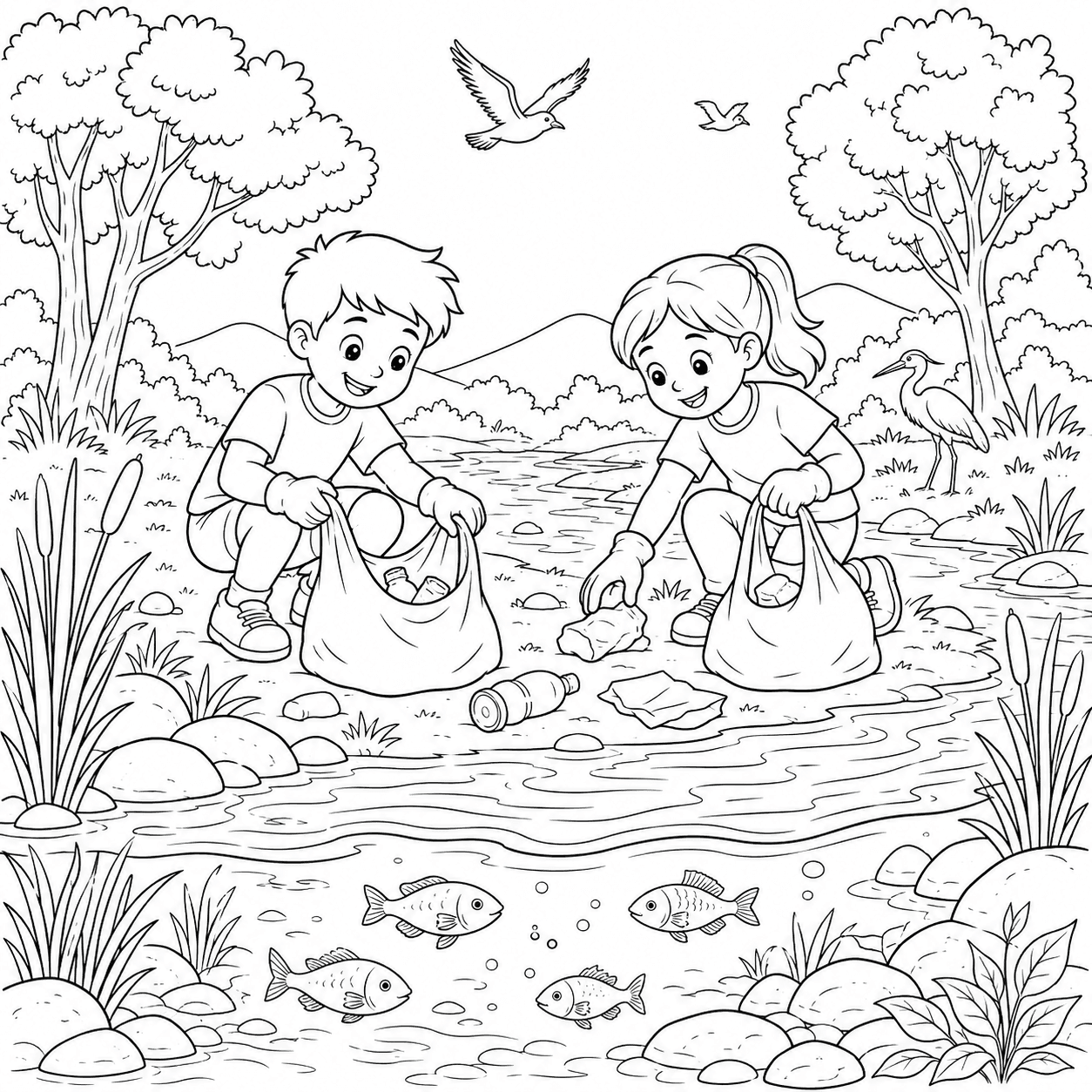 Crianças fazendo a limpeza de um rio para colorir