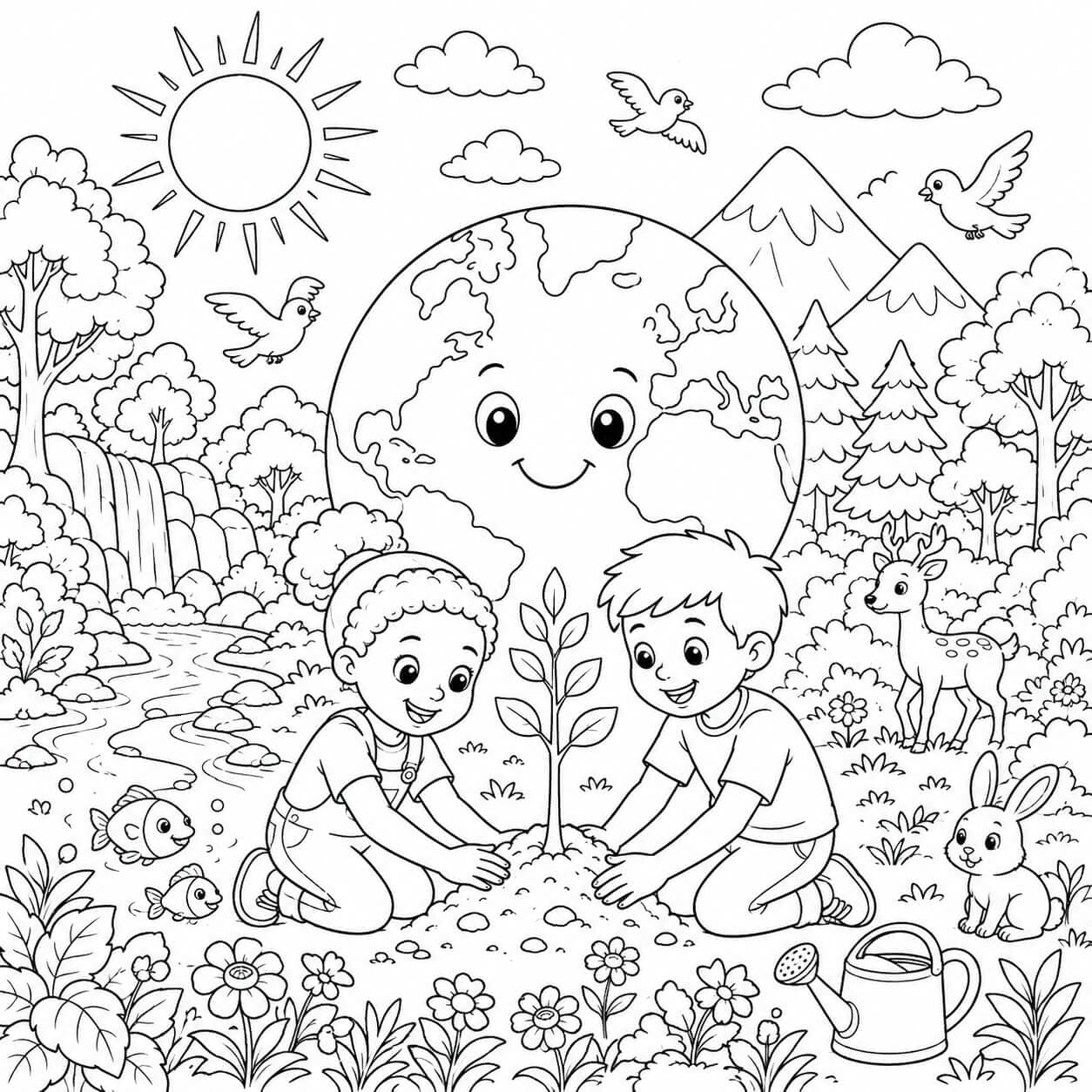Crianças cuidando do meio ambiente para colorir