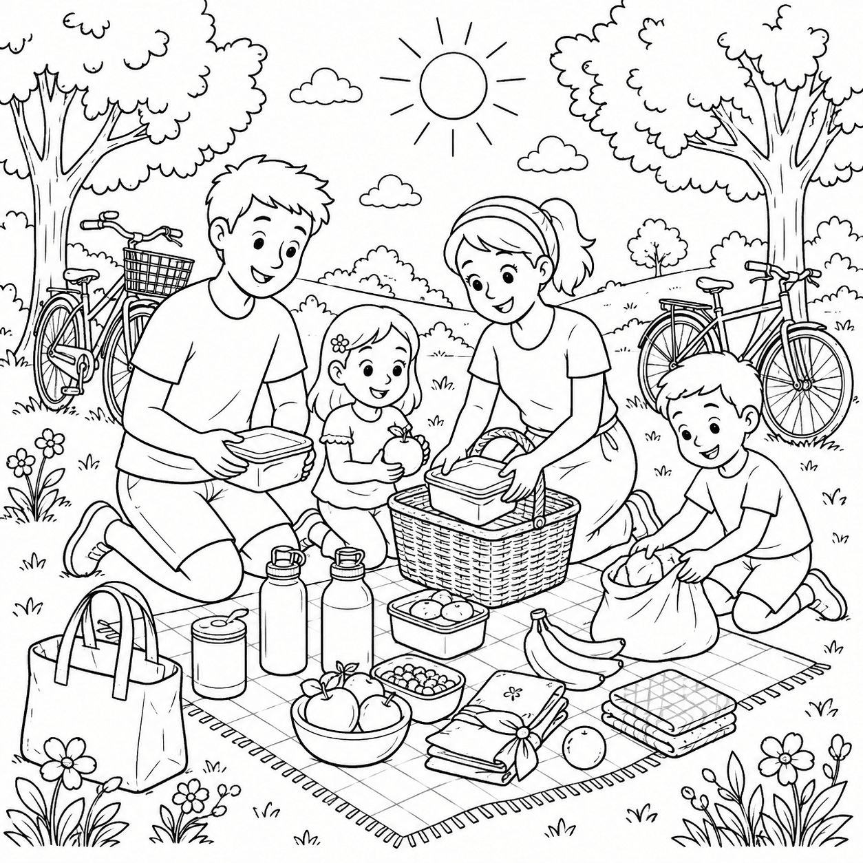 Família fazendo um piquenique sustentável para colorir